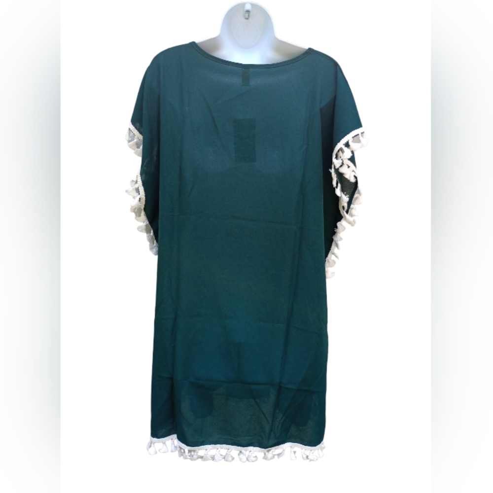 NWT Hunter Green Lace Fringe Tassel Beach Swim Poncho Cover Up Large - Picture 4 of 4